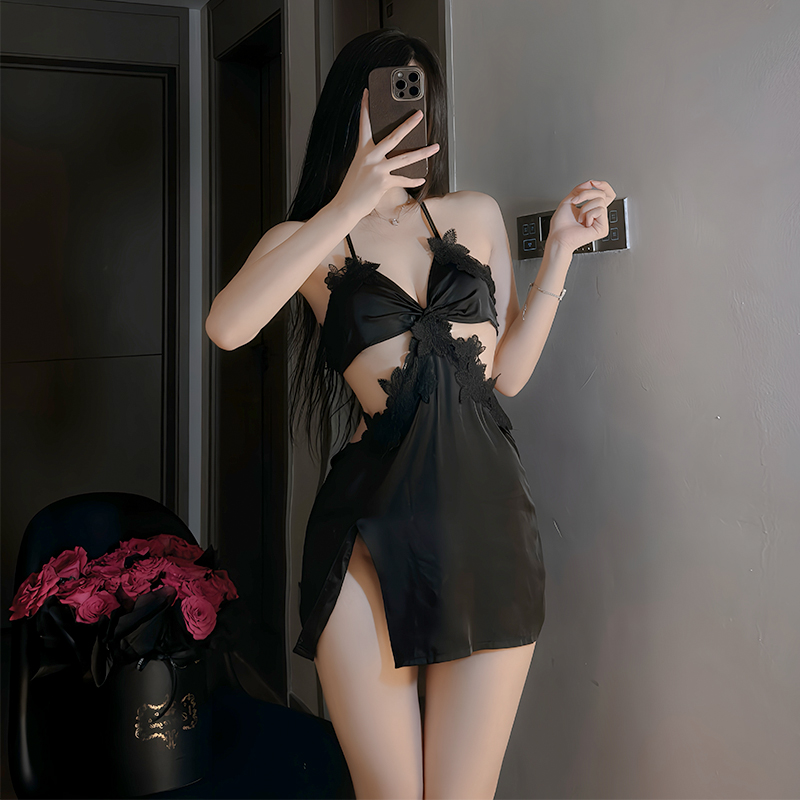 Real shot of lace deep v perspective slit nightgown pure erotic underwear sexy nude back temptation free suit