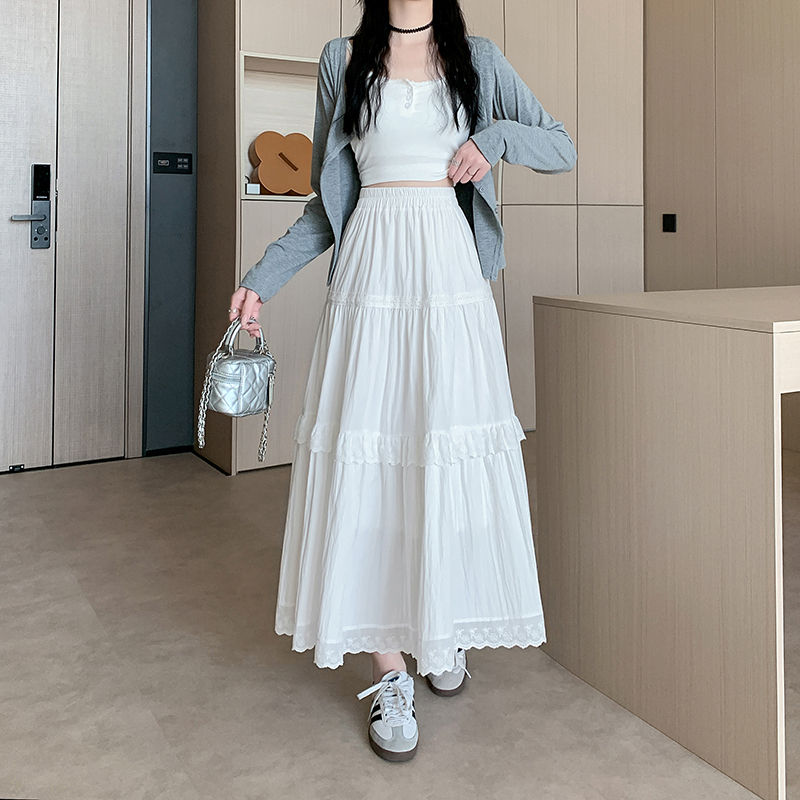 Real shot of gentle white skirt for women in summer high waist A-line umbrella skirt super fairy small mid-length cake skirt