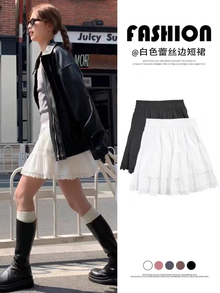 White lace skirt for women in spring and summer high waisted A-line short skirt for small slim cake fluffy skirt