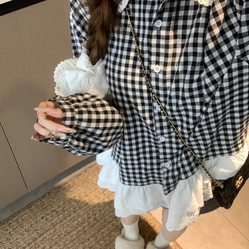 計感花邊拼接格子襯衫女春甜美寬鬆大碼減齡襯衣上衣