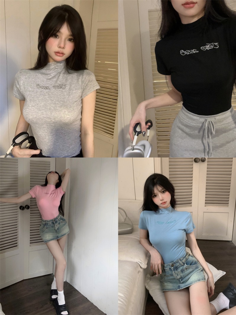 Real photo of ironing diamond short-sleeved temperament half-high neck slim fit new slim T-shirt women's top summer