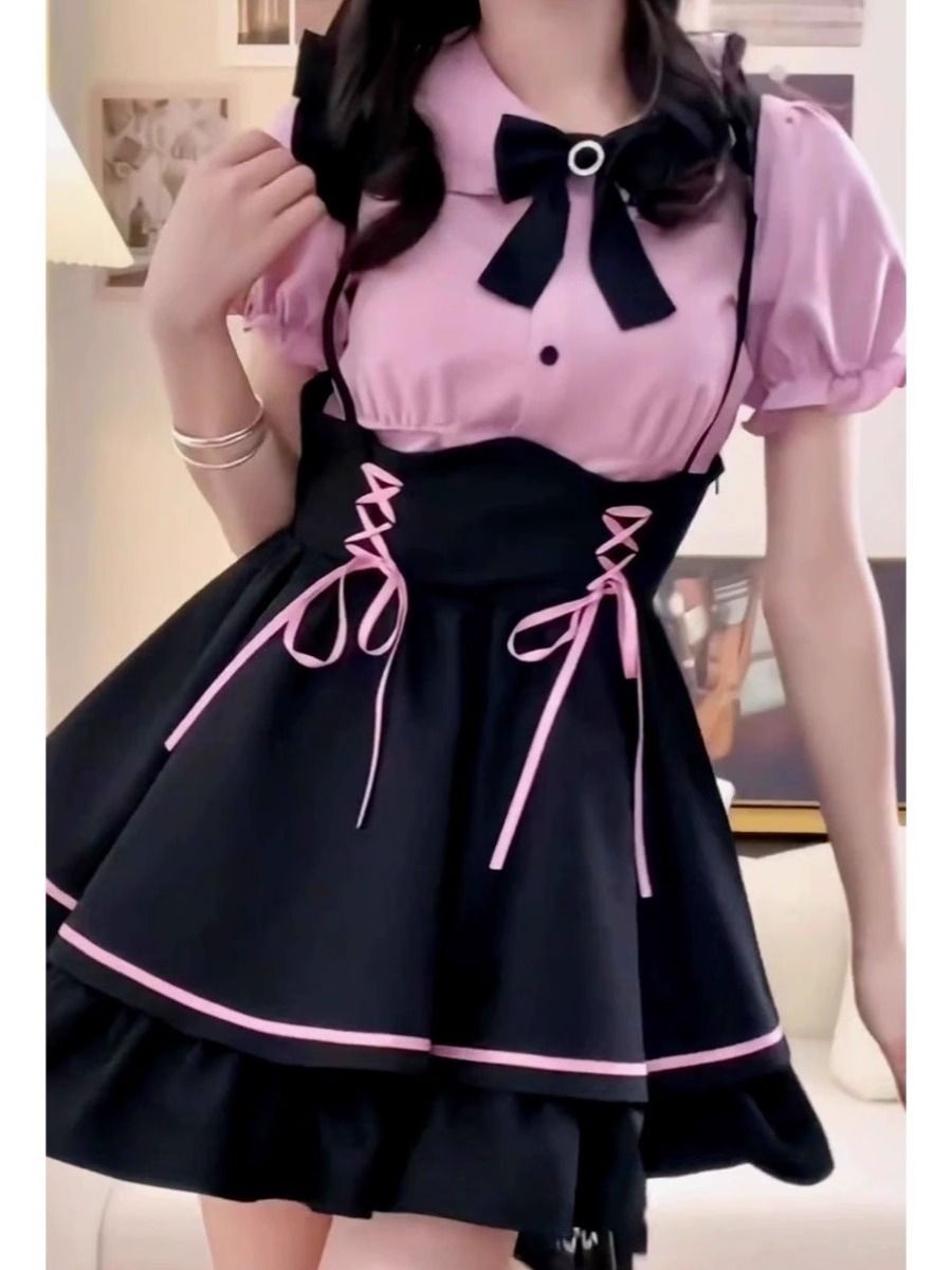 日系甜美可愛洛麗塔連衣裙女童Lolita公主裙襯衫背帶裙套裝兩件套