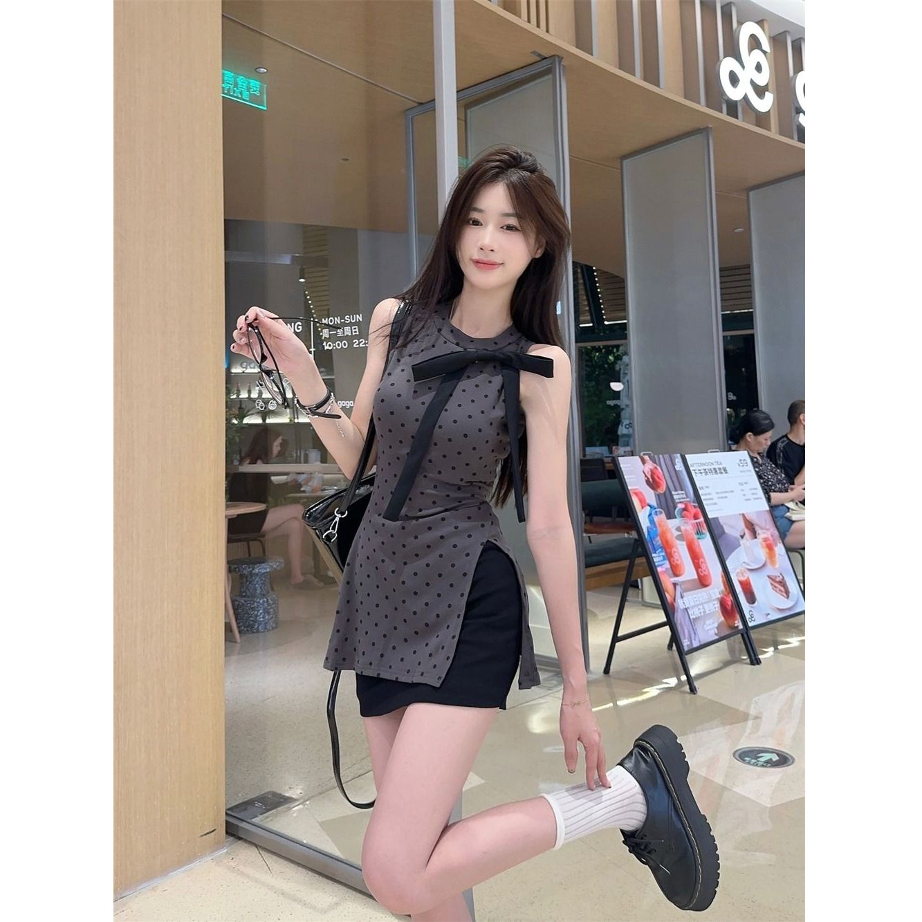 Modal cotton French temperament bow sleeveless vest women's summer irregular slit polka dot top