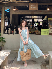 實拍 夏日小清新~韓chic扎染薄荷綠飄逸吊帶連衣裙