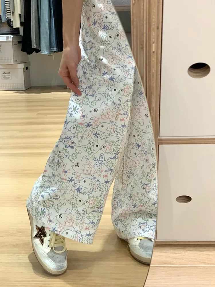 趣味塗鴉設計休閒褲女春夏激新款慵懶鬆弛感直筒垂感拖地闊腿褲子