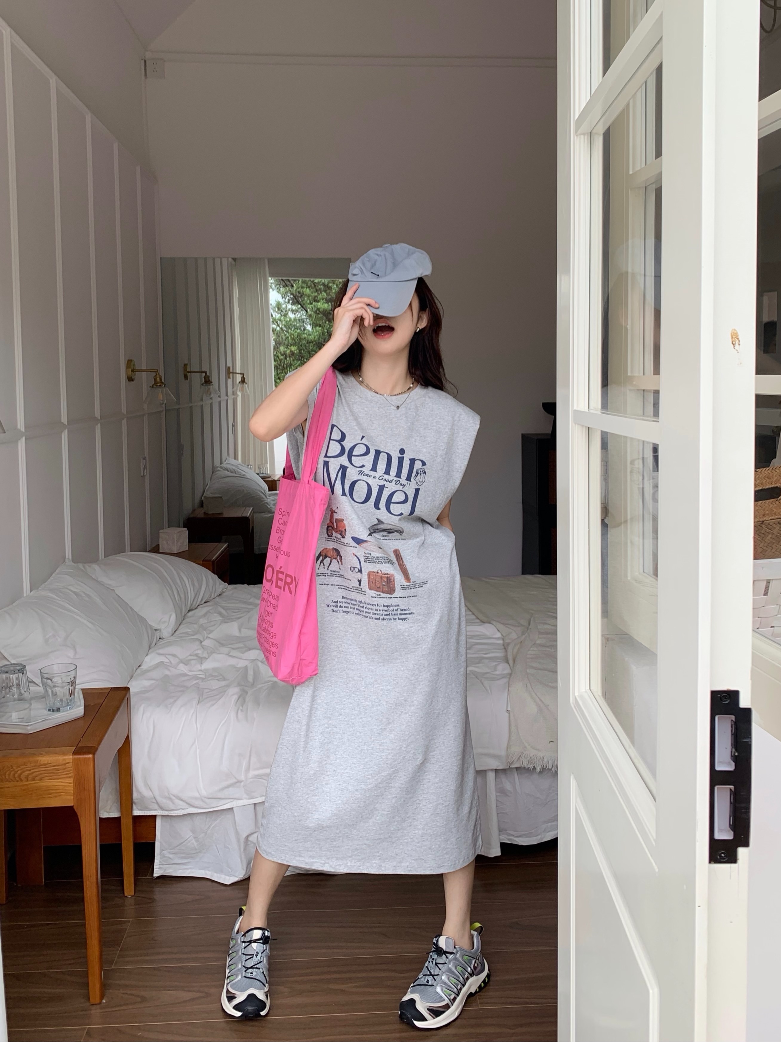 Real shot of summer versatile oversized printed sleeveless shoulder pad T-shirt dress