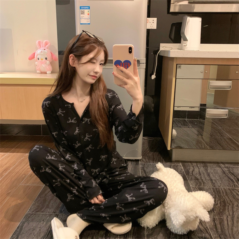 Real shot of 25 years new modal cotton print sweet long sleeve trousers pajamas two-piece suit for women