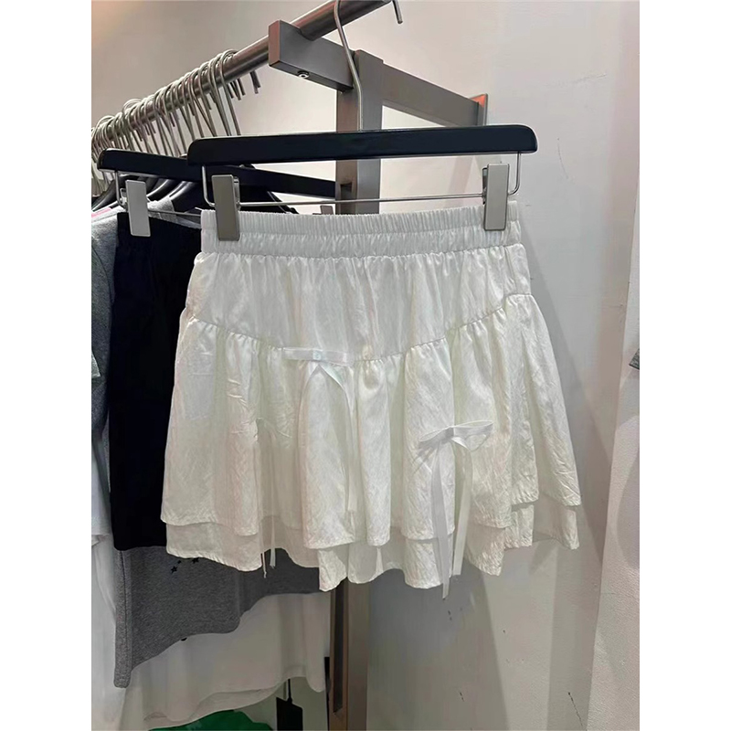 Bow design pleated skirt 2025 summer new French fluffy cake skirt high waist A-line skirt