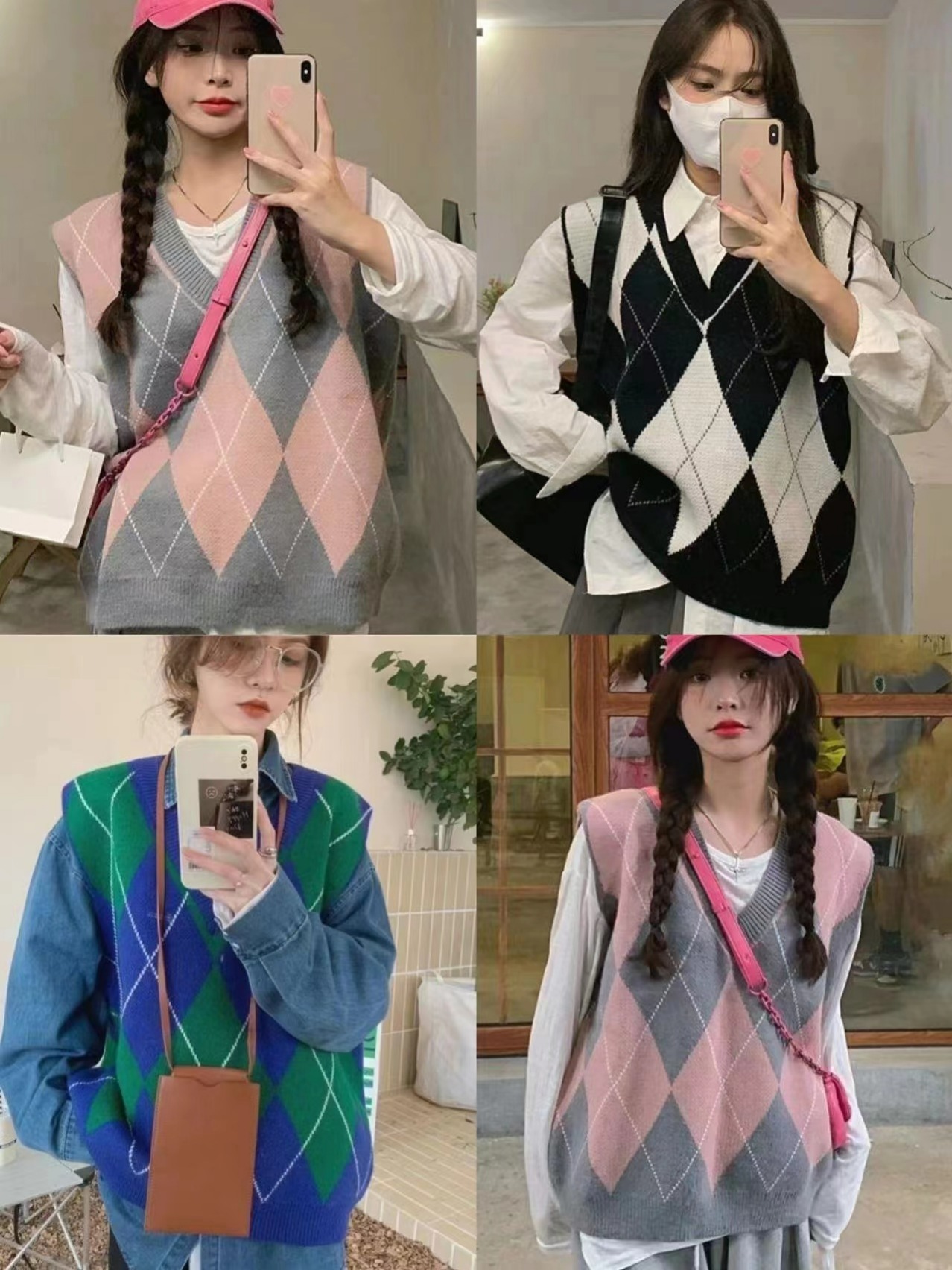 Korean version of plaid sweater vest vest knitted women's spring and autumn new retro diamond sleeveless outer matching contrasting coloured shoulders
