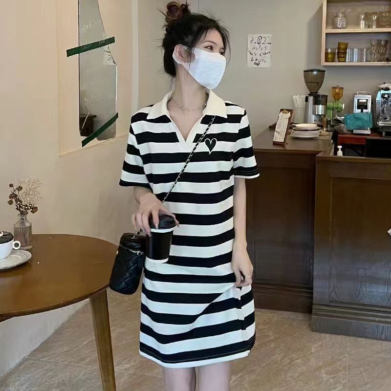 條紋連衣裙女新款夏裝寬鬆顯瘦polo領小個子中長款t恤裙
