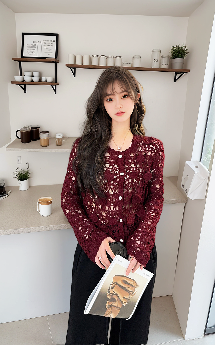 New V-neck crochet hollow long-sleeved sweater to make you look slim and short cardigan top