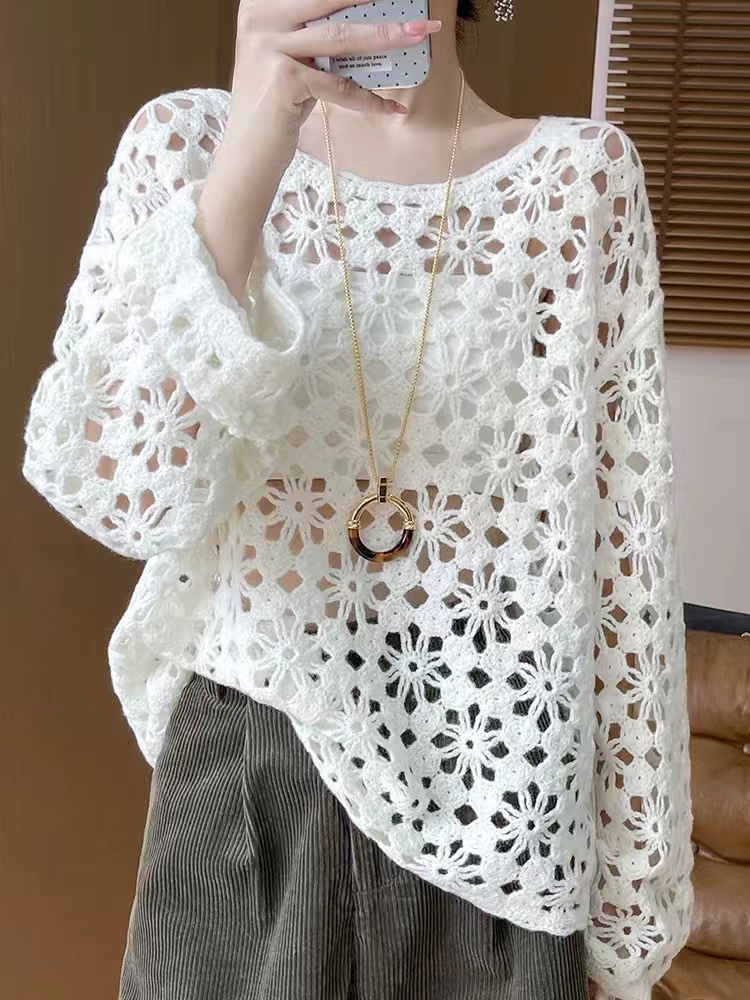 Wasteland style high-end hook-flower hollow pure sweater for women round neck loose blouse design pullover knitted sweater
