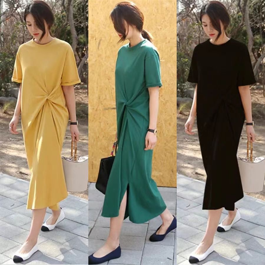 外貿原版新款韓版女裝短袖T恤女夏季韓版大碼女裝寬鬆長款t恤裙