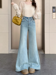 實拍#高腰直筒微喇叭牛仔長褲女修身復古水洗闊腿拖地褲子