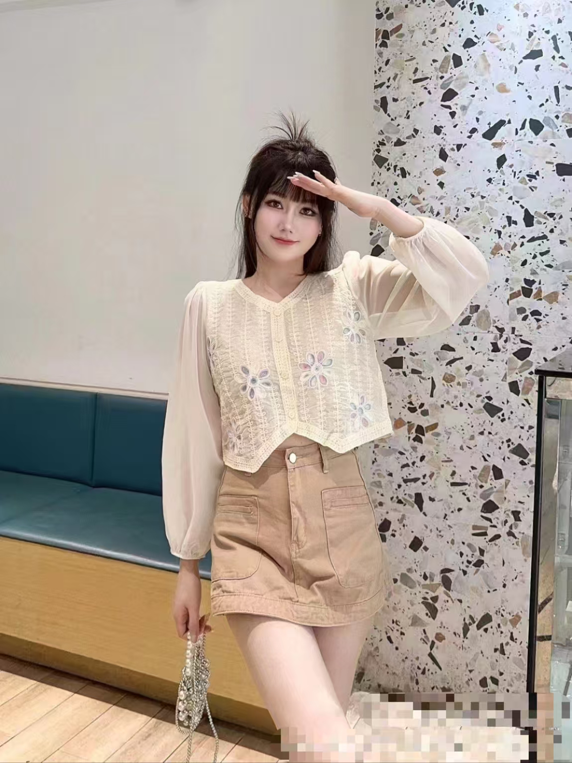 New sun protection internet celebrity style embroidered sequins spliced ​​long sleeve chiffon shirt v-neck top puff sleeves