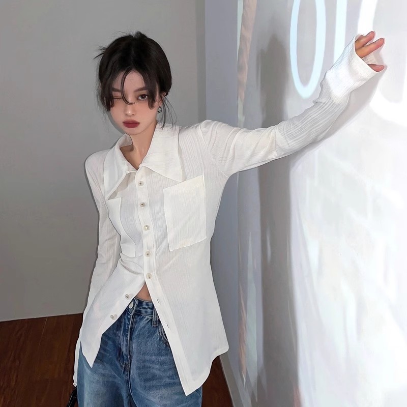 Waist-closed shirt for women with niche design, slim mid-length temperament long-sleeved shirt jacket autumn and winter white top trendy