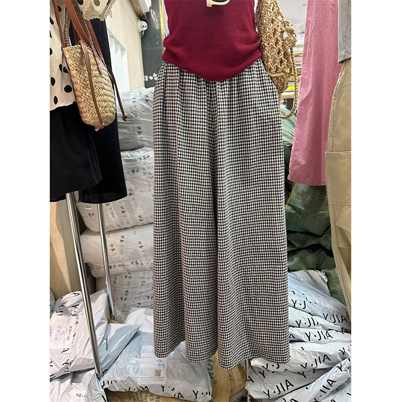 Spring and summer 2025 new fashionable high-waisted cotton and linen lazy style loose plaid wide-leg pants