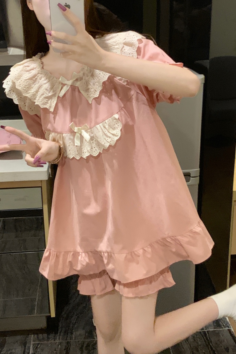 實拍韓版甜美公主風重工蕾絲全棉舒適夏季外穿短袖家居服套裙