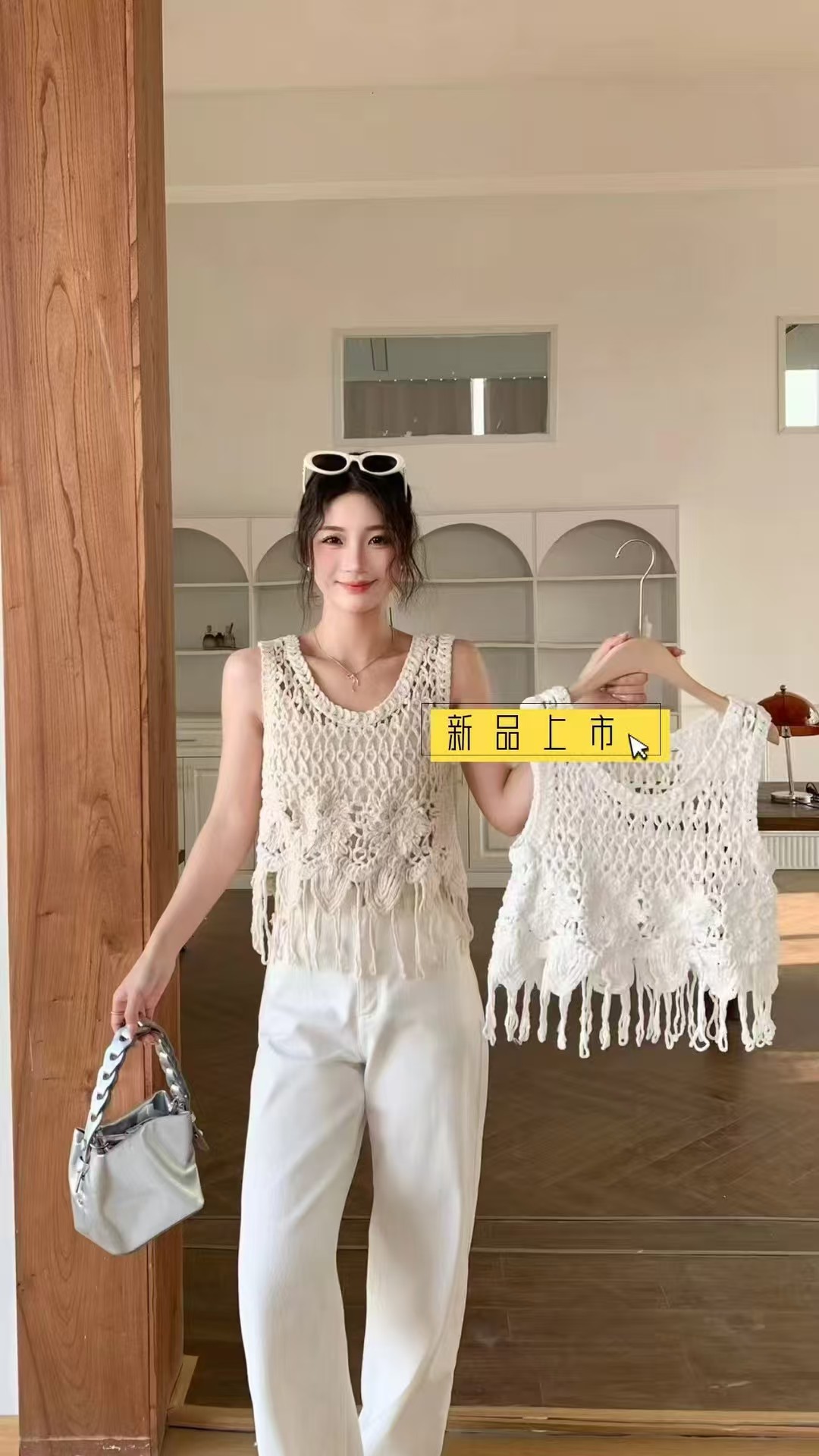 2025 new summer knitted hollow short style for women's outer sleeveless thin tassel vest top design sense