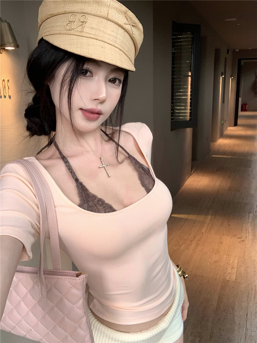 實拍性感假兩件拼接蕾絲吊帶T恤上衣女