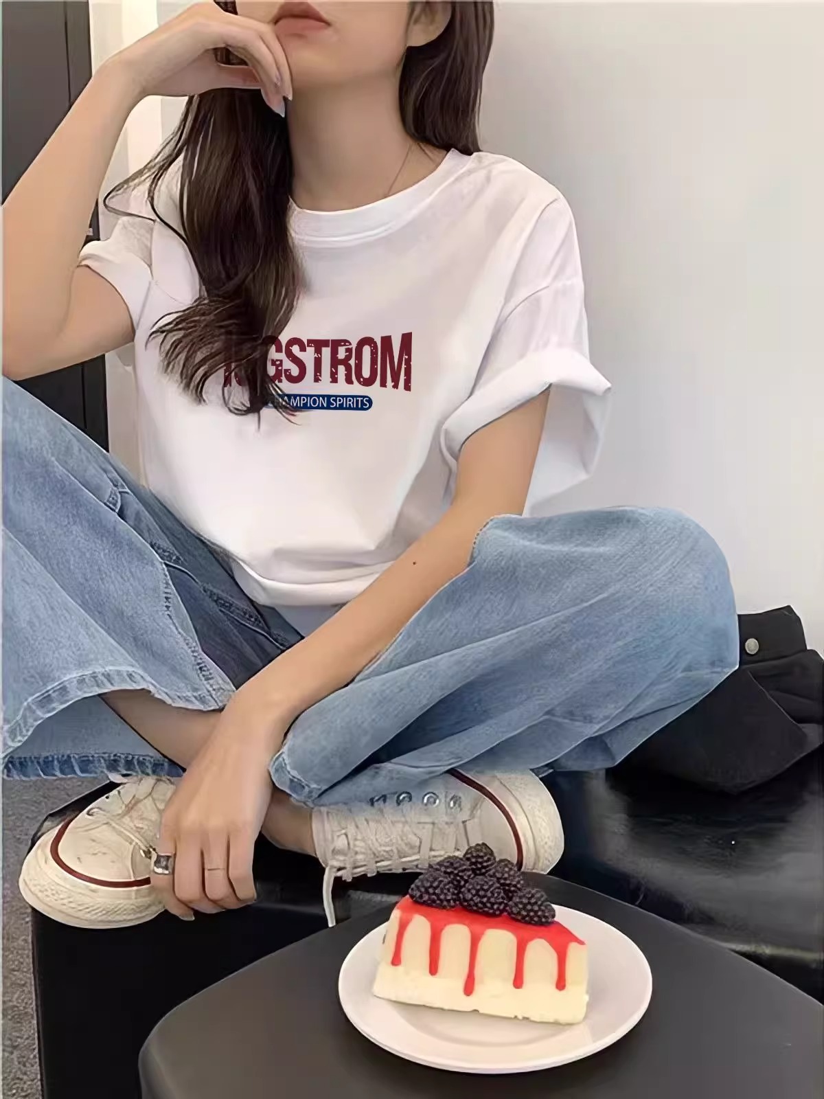 200g combed and tight spun in 2025, pure cotton back bag strip, spring and summer loose shoulder printed short-sleeved T-shirt