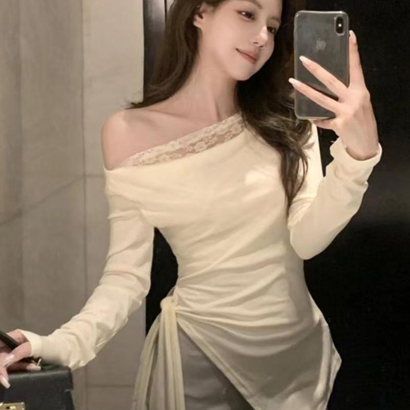 斜肩蕾絲拼接不規則長袖設計T恤2025辣妹新款修身顯瘦假兩件上衣