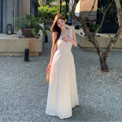 Real shot Korean version of slim mid-length design with crossed V-neck waist vest dress