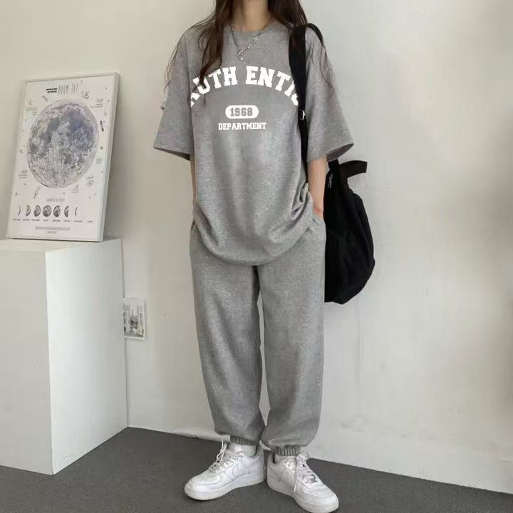 純色多款潮牌女裝套裝兩件韓版圓領短袖長褲兩件套2025新款夏季