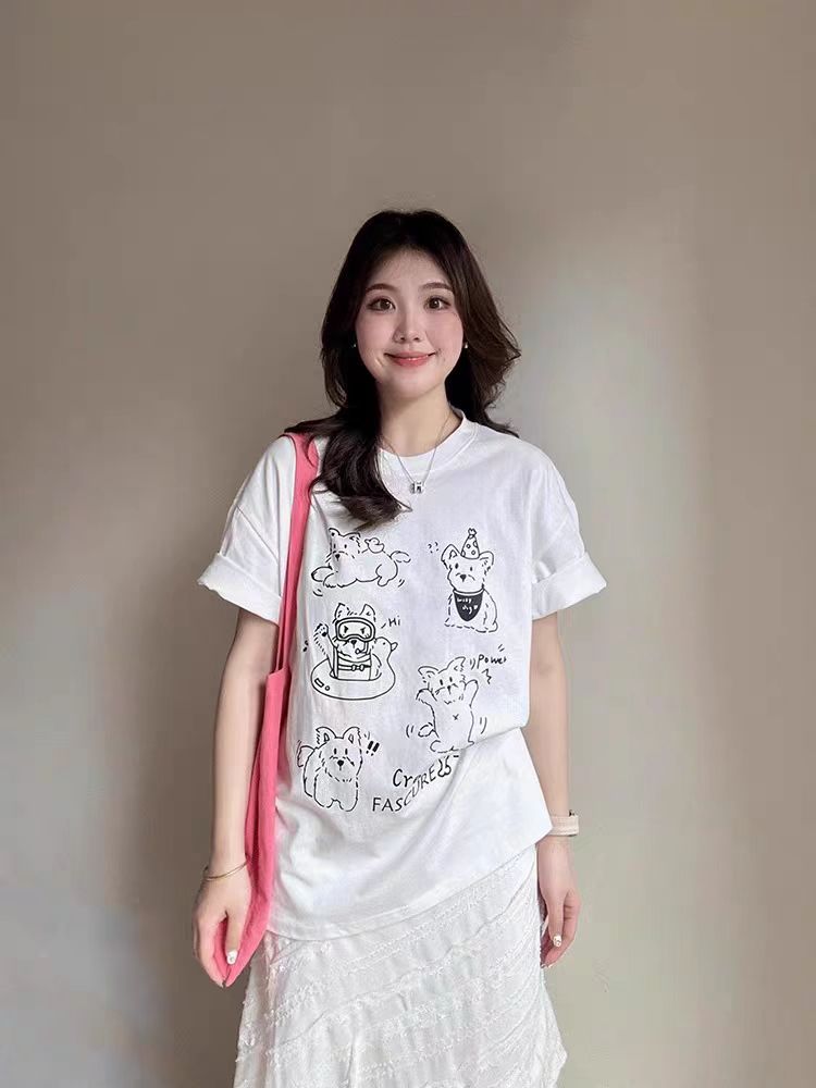 200g combed and tight spun in 2025, pure cotton back bag strip, spring and summer loose shoulder printed short-sleeved T-shirt