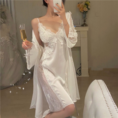 Real shot of sexy pajamas suspender skirt lace nightgown with chest pad + lace splicing robe seducing home clothes