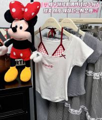 Real shot~Fake two-piece lace-up letter design plaid short-sleeved top vest suspender with chest pad