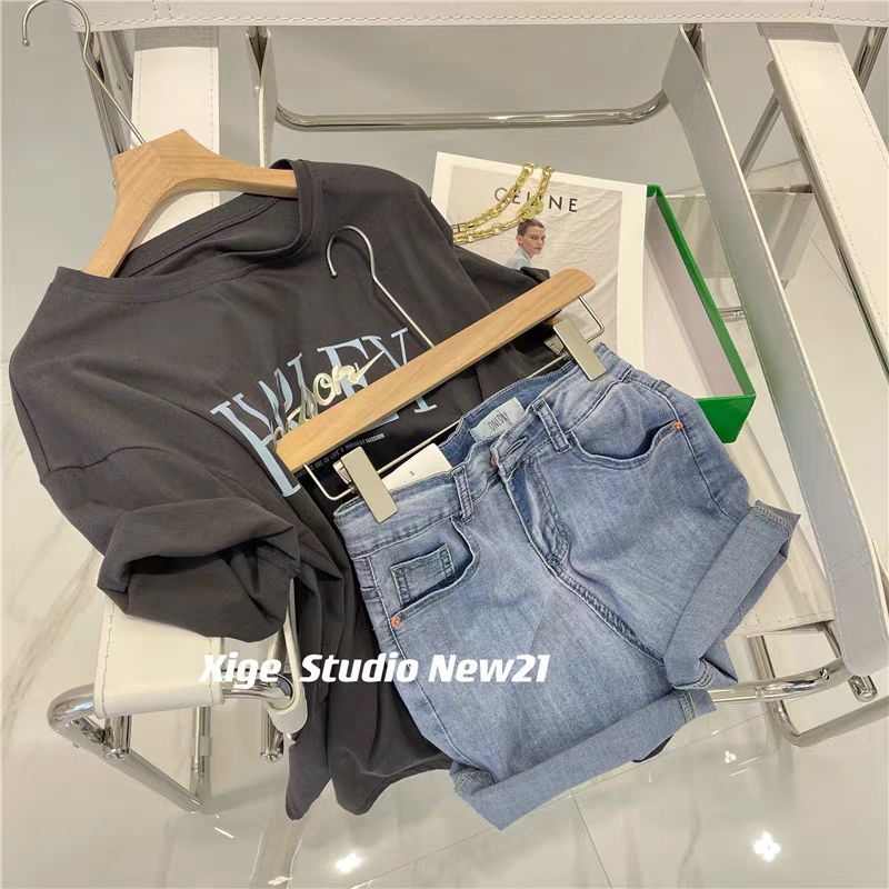 200g combed and tight spun in 2025, pure cotton back bag strip, spring and summer loose shoulder printed short-sleeved T-shirt