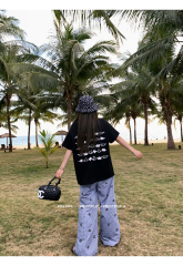 200g combed and tight-fitting sprinkler, pure cotton backpack, spring and summer loose shoulder printed short-sleeved T-shirt