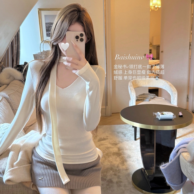 Colorful cotton ribbed beautiful basic V-neck long-sleeved T-shirt Korean design top