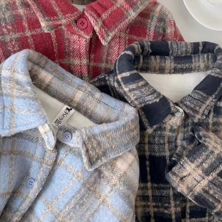 American retro lazy burgundy red grinding plaid shirt jacket for women's spring and autumn loose versatile mid-length shirt