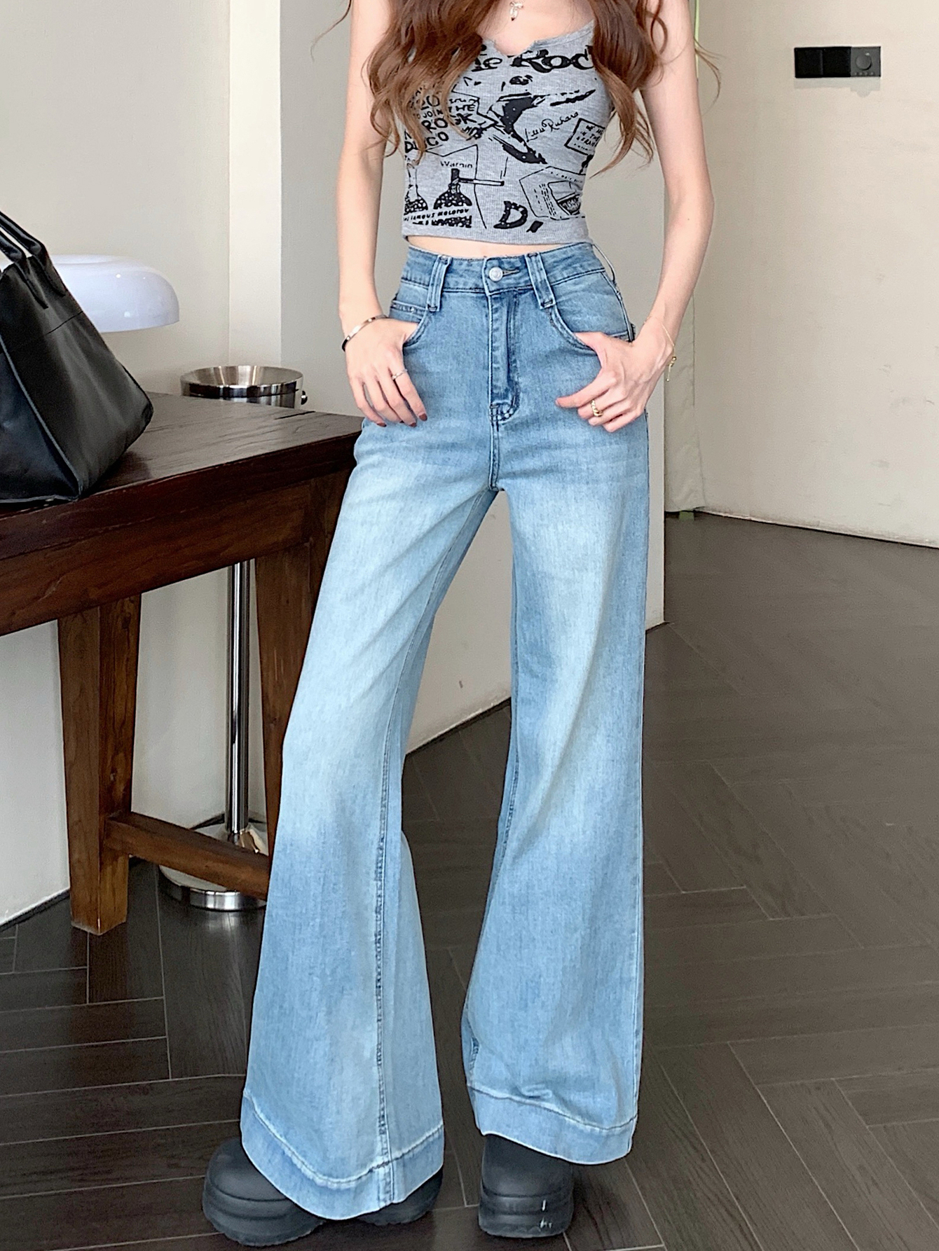 實拍#直筒牛仔長褲女復古設計感水洗寬鬆窄版闊腿拖地褲子