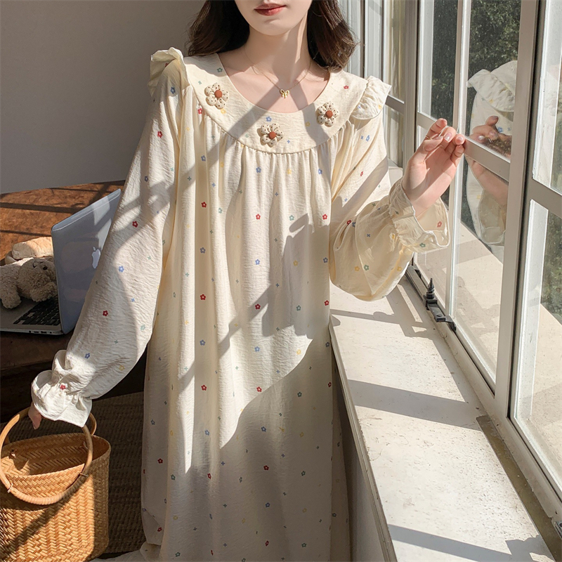 Real shot 25 new spring and autumn sweet lace mid-length women's nightgown with chest pad color flower pajamas skirt
