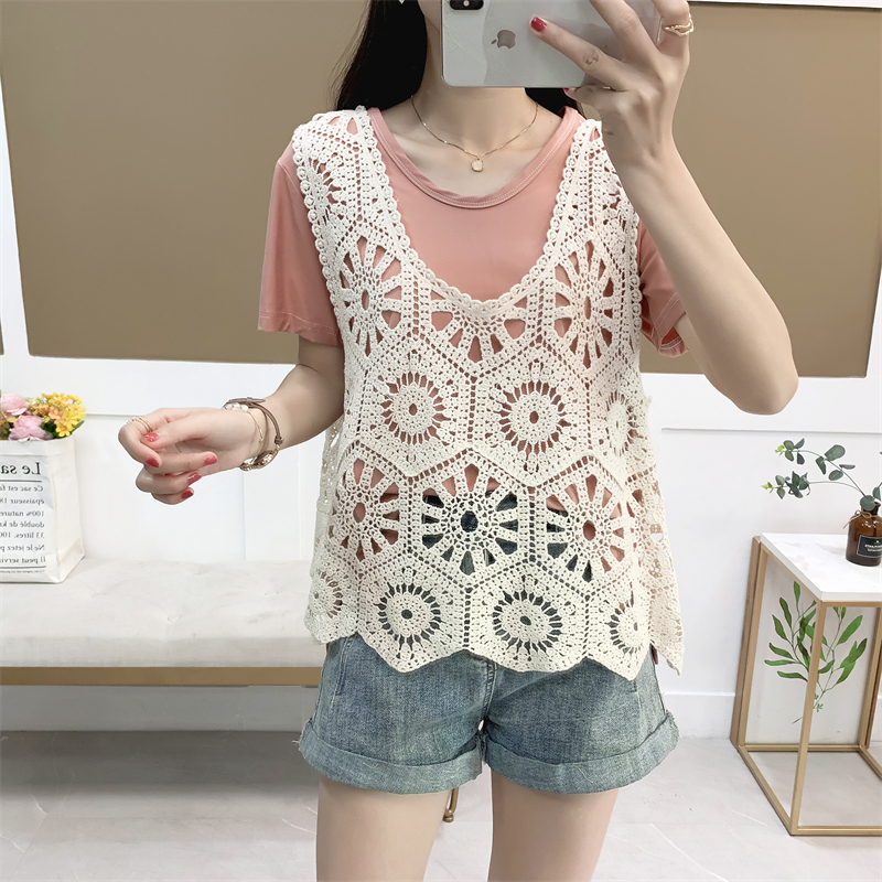 Hollow solid color Korean vest top for women casual loose outside and inside sleeveless deep V-neck horse clip vest
