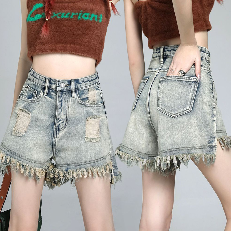Retro denim shorts summer thin 2025 new high waist loose slimming wide-leg trendy brand design a line hot pants