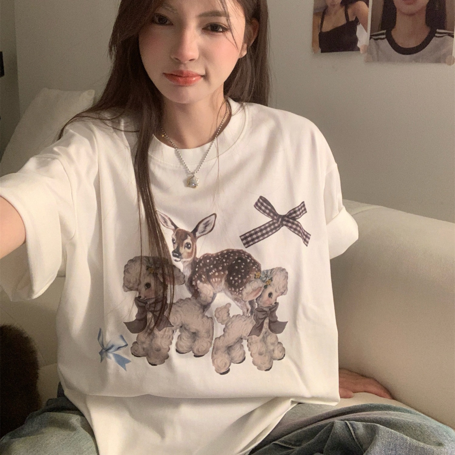 200g combed and tight-fitting sprinkler, pure cotton backpack, spring and summer loose shoulder printed short-sleeved T-shirt