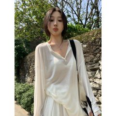 Sunshine Velvet Original Fabric Perspective Thin V-neck Long Sleeve T-shirt Women's Spring Loose Casual Sunscreen Shirt