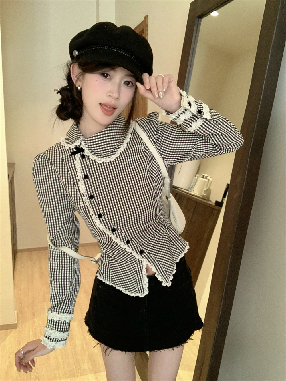 實拍 維斯小姐 烏木沉香減齡少女格紋襯衫斜襟娃娃領顯瘦襯衣