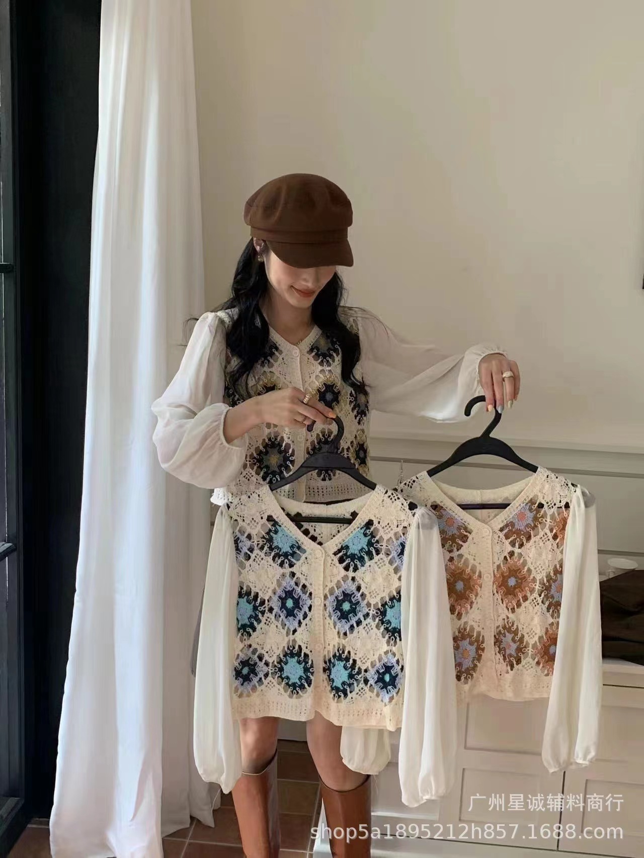 V-neck chiffon shirt for women long-sleeved summer thin new style small fresh forest spliced ​​hollow short top