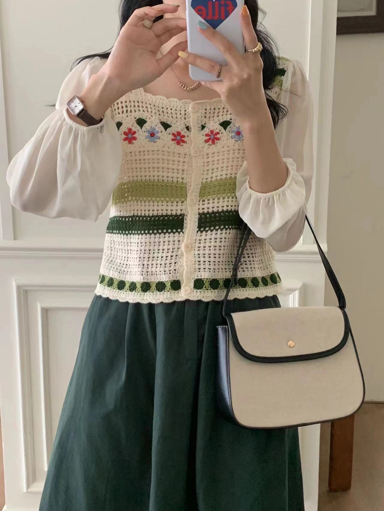 Sweet flowers hollow hook sweater design sense heavy industry embroidered internet celebrity chiffon sleeve top square collar