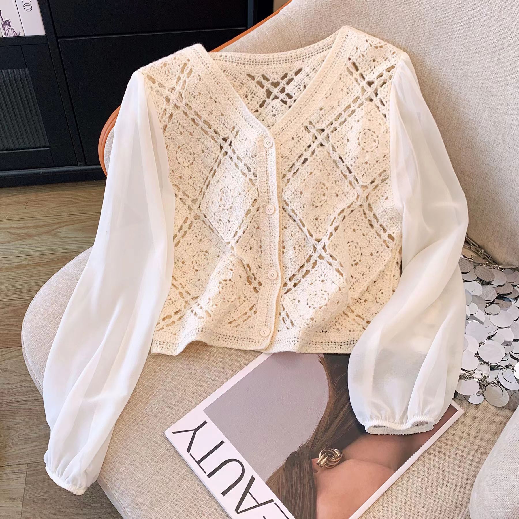 Super fairy French hollow hook flower splicing long sleeve shirt for women sweet loose v-neck puff sleeve chiffon top spring