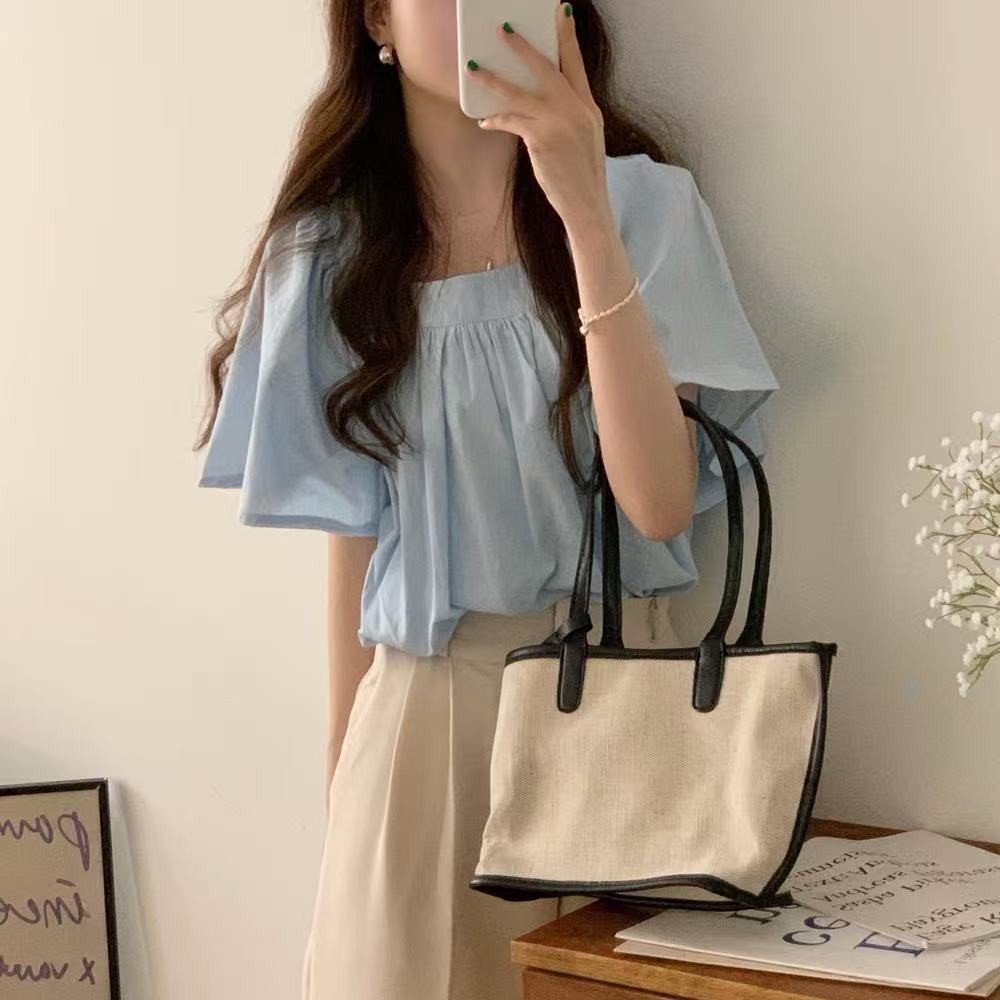 Korean chic temperament niche elastic pleated square collar short loose large flared sleeve short sleeve shirt top