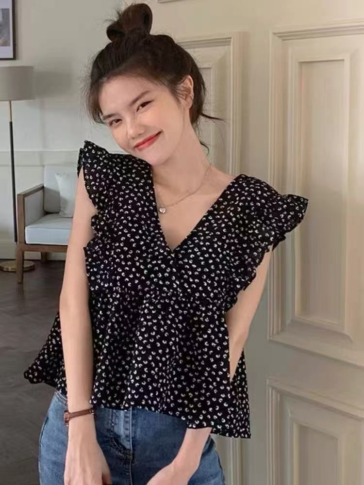 Women's summer Korean style versatile ruffled niche V-neck shirt age-reducing shirt Feifei