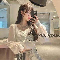 春裝新款針織雪紡泡泡袖襯衫女秋冬法式方領上衣設計感