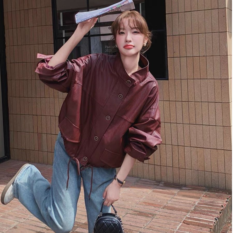 Ankorah Red Short-Pocket Leather Jacket for Women, Spring/Autumn 2025 New Arrival, American Chic Motorbike Jacket, PU Leather Coat Top