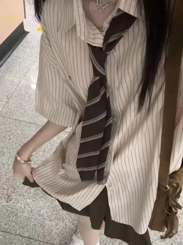 jk uniform suit summer striped short-sleeved shirt women's design sense niche casual Japanese casual college style shirt